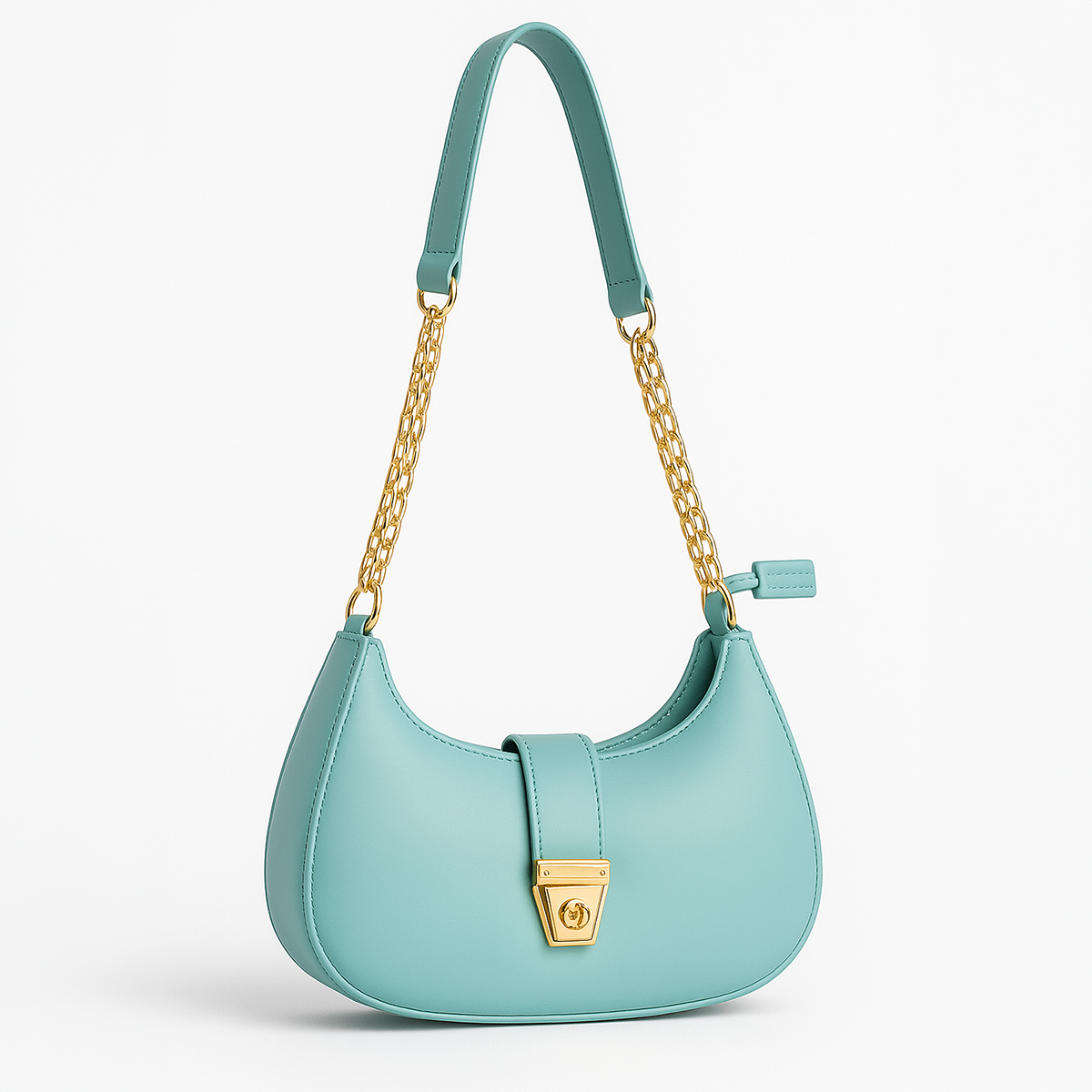 Trendy Faux Leather Crescent Bag – Gold Chain & Turn-Lock