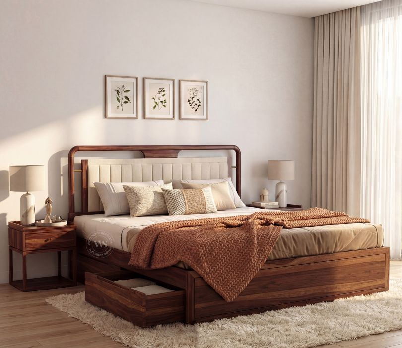 Sheesham Wood Bed with Upholstered Headboard & One Side  Drawer Storage (King Size, Jade Ivory, Teak Finish)