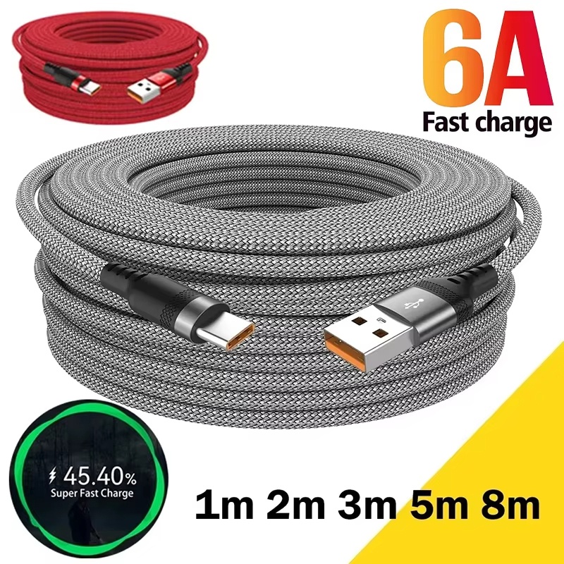 1m 2m 3m 5m 8m USB Type C 6A Super Charging Extended Cable USB to Type C Cable Fast Charge Nylon Data Cables For  