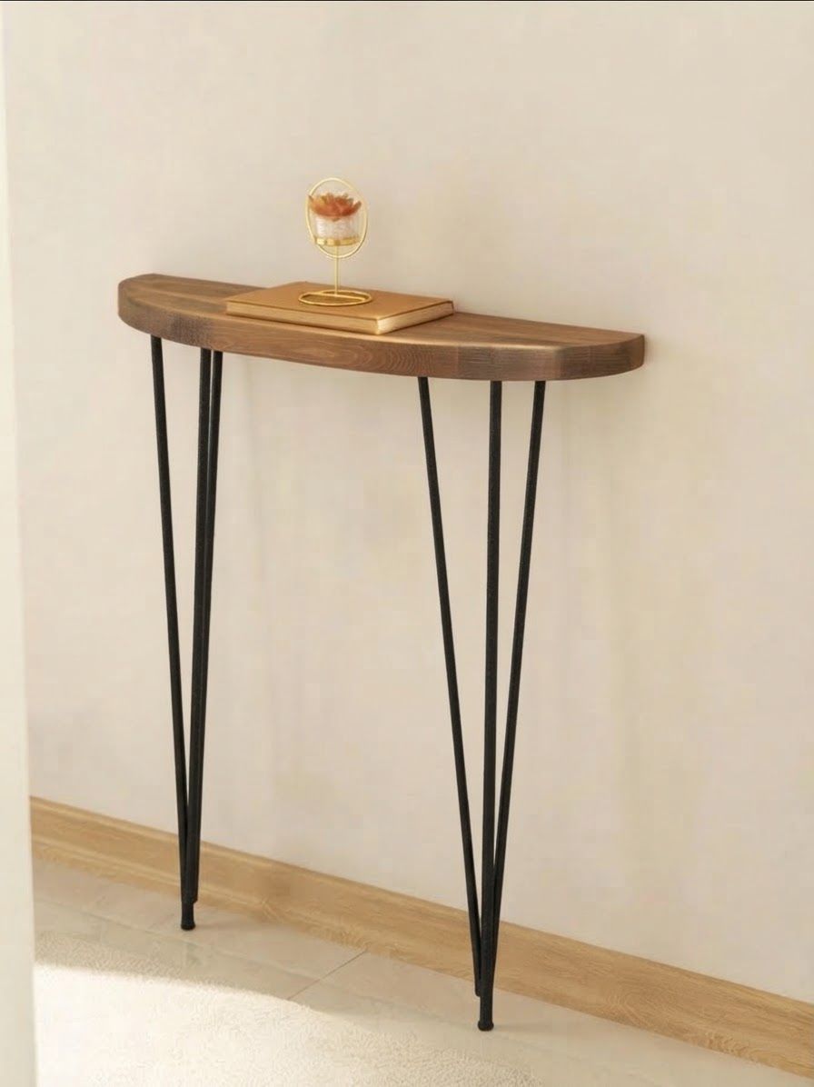 Half Moon Wooden Console Table with Hairpin Legs – Rustic Entryway Table, Modern Sofa Side Table, Handmade Live Edge Hallway Stand, Decorative Wooden Accent Furniture