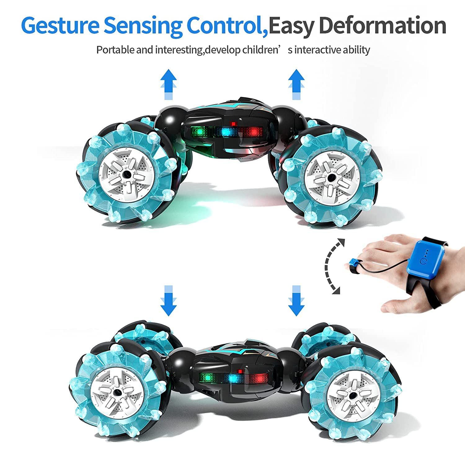 RC Stunt Car, 2.4GHz 4WD Remote Control Gesture Car Sensor Toy, Double Sided Rotating Off Road Vehicle 360° Flips with Lights Music, for Boys & Girls, Multi