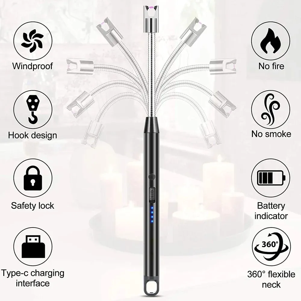 Electric Arc USB Rechargeable Flameless Arc Lighter Flexible and Windproof for Candles, Hiking, Camping, Kitchen, Fireplaces 360 degree free rotation