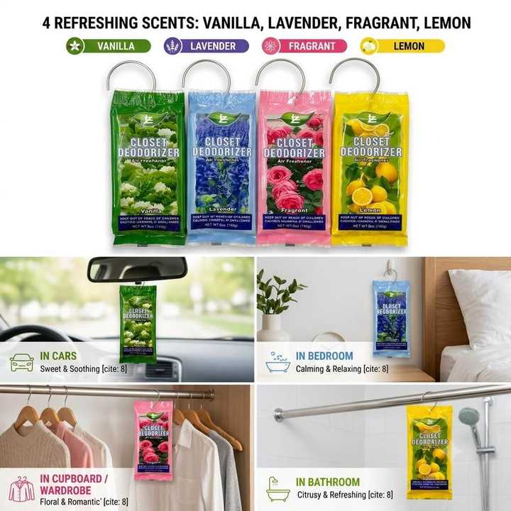 Closet Deodorizer | Wardrobe Air Freshener | Car & Room Fragrance | Bathroom Freshener | Vanilla Lavender Lemon Scents