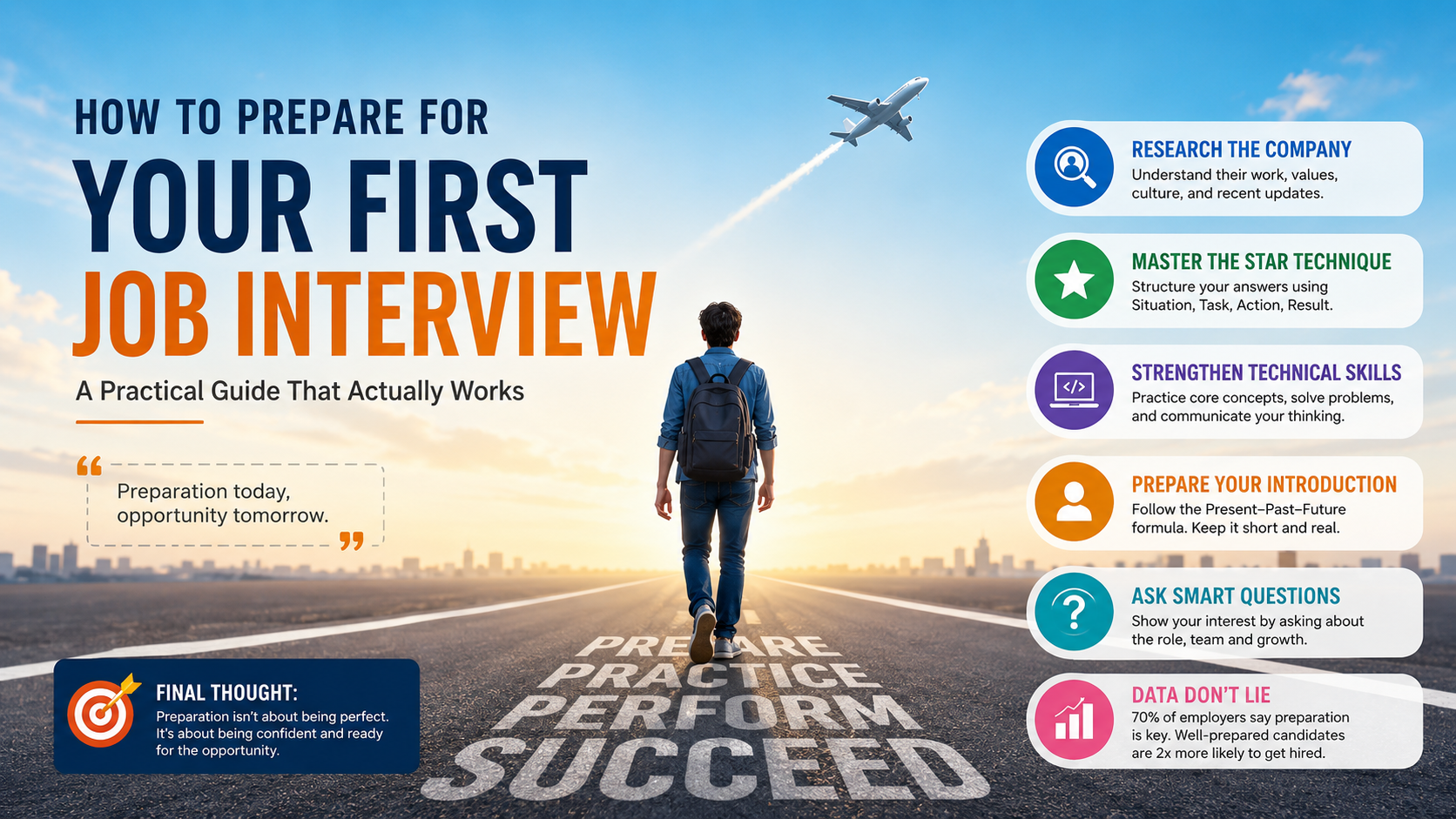 How to prepare for your first job interview – motivational guide with research, STAR technique, technical skills, introduction tips, and data on preparation success.
