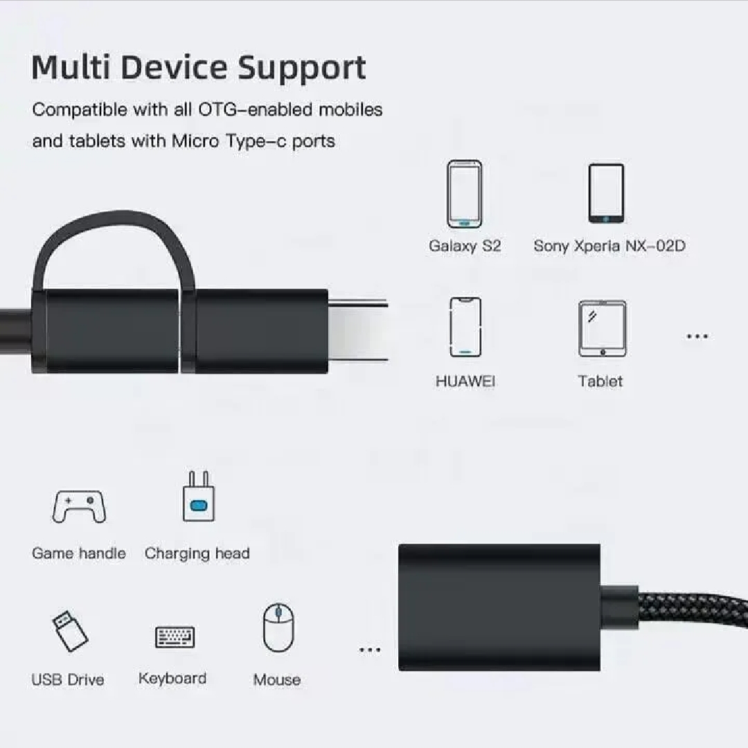 2 in 1 Type C + Micro USB OTG Adapter USB 3.0 | Alloy Frame With Frabric Wire | High Speed Data Transfer Pendrive Connector for Android Mobile Tablet Laptop | Type C & Micro USB OTG Cable
