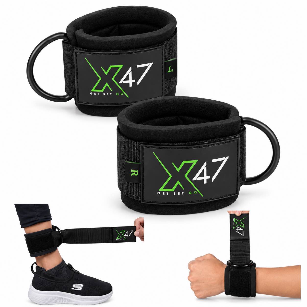 X-47 Pair of Ankle Strap Cuff Cable Attachments for Wrist & Ankle – Adjustable Gym Cable Machine Accessories for Home & Commercial Workouts, CrossFit & Strength Training