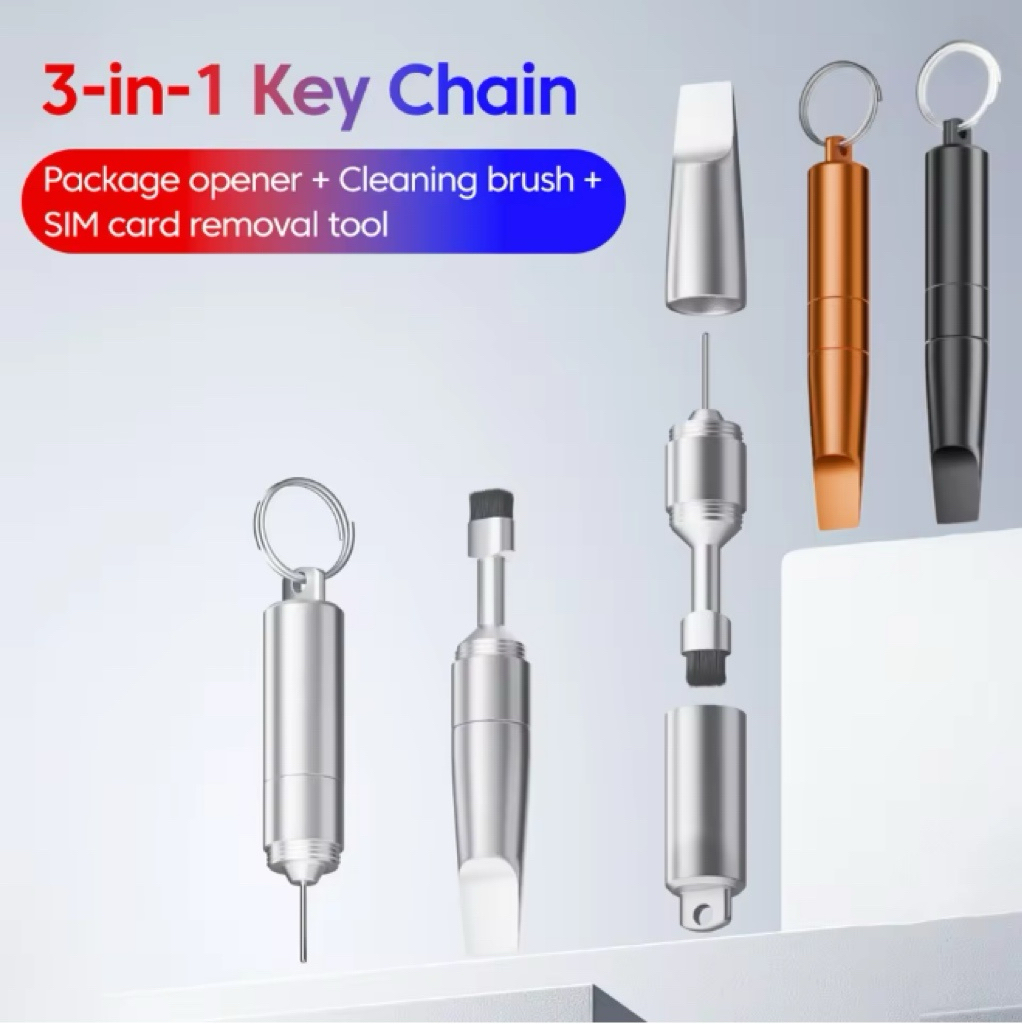 3-in-1 Keychain SIM Card Eject Pin Phone Cleaning Brush Package Opener Tool For All Smartphones