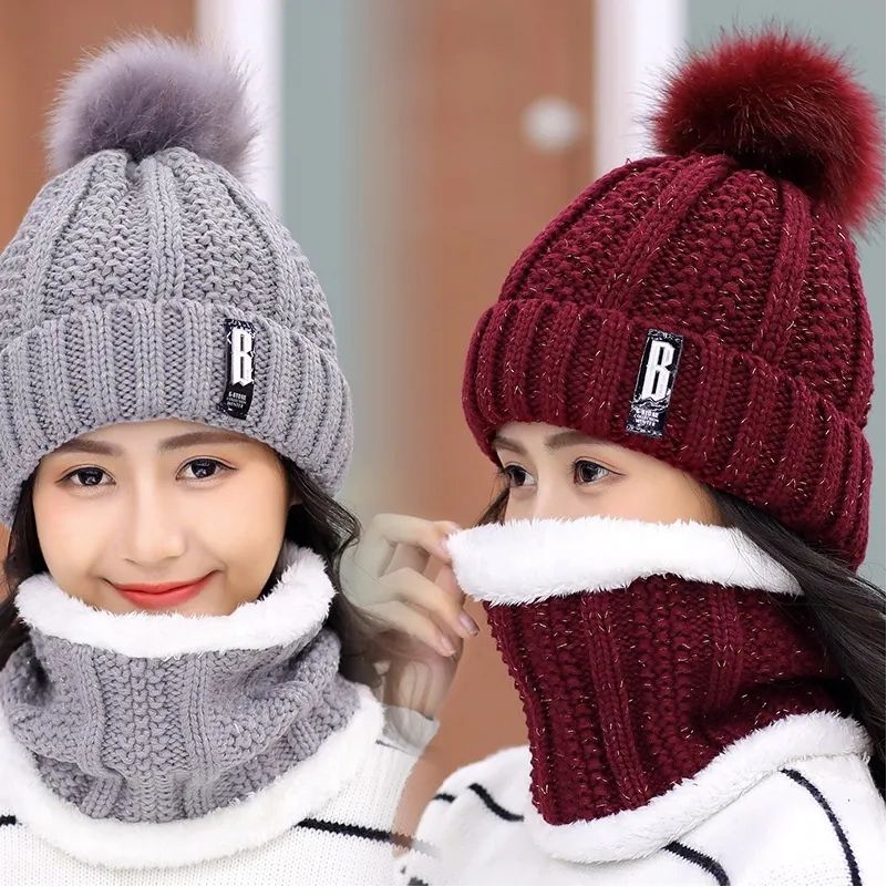 Winter Knitted Scarf Hat Set Thick Warm Skullies Beanies Hats for Women Outdoor Cycling Riding Ski Bonnet Caps Tube Scarf Rings