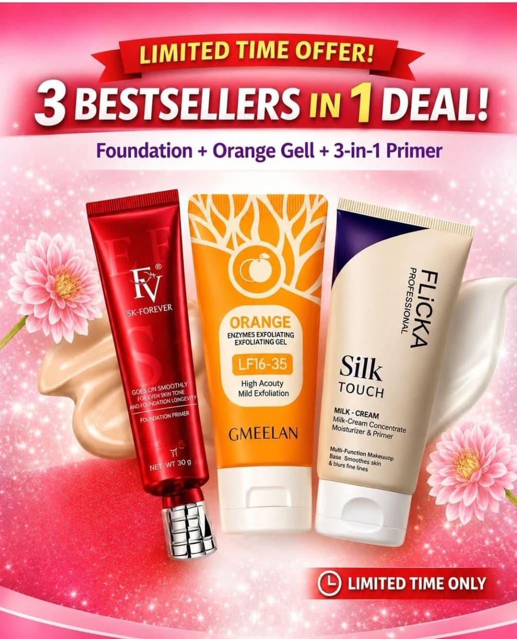 3 in 1 Bestsellers Deal | FV Foundation Primer + Flicka Silk Touch Primer + Gmeelan Orange Exfoliating Gel | Flawless Base Kit`