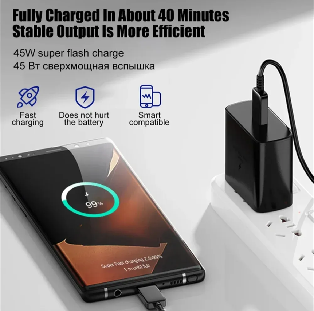 Original 45w PD 2.0 Super Fast Option Adapter With Type-C To Type-C Cable For All Androids Phones_Best For S20,S21,S22 Ultra ,A59, A32, S10, Note10,S8