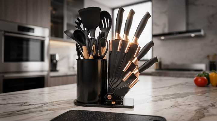 19 Pcs Premium Kitchen Cutlery & Utensil Set | Complete Cooking Tools Set | Kitchen Spatula, Spoon, Whisk & Tongs Set