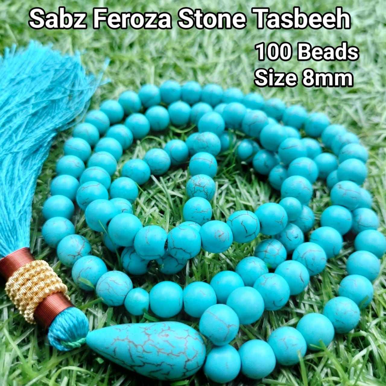 Sabz Feroza Stone Tasbeeh 100 Beads Size 8mm | Green Feroza Tasbih | Original Feroza Stone Tasbih | Pure Feroza Stone Tasbeeh | Best Quality Ferozah Tasbeeh | Ferozah Stone Tasbih | Muslim Prayer Beads | Best Stone Tasbeeh | Best Tasbeeh For Gift