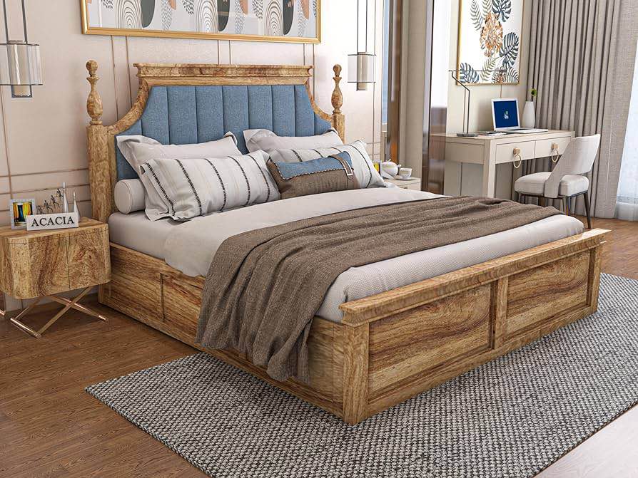 Craft Wooden King Size Bed with Storage | Double Bed Cot Bed with Box Storage & Blue Colour Upholstered Cushioned Headboard for Bedroom | Solid Wood Sheesham, Teak Finish