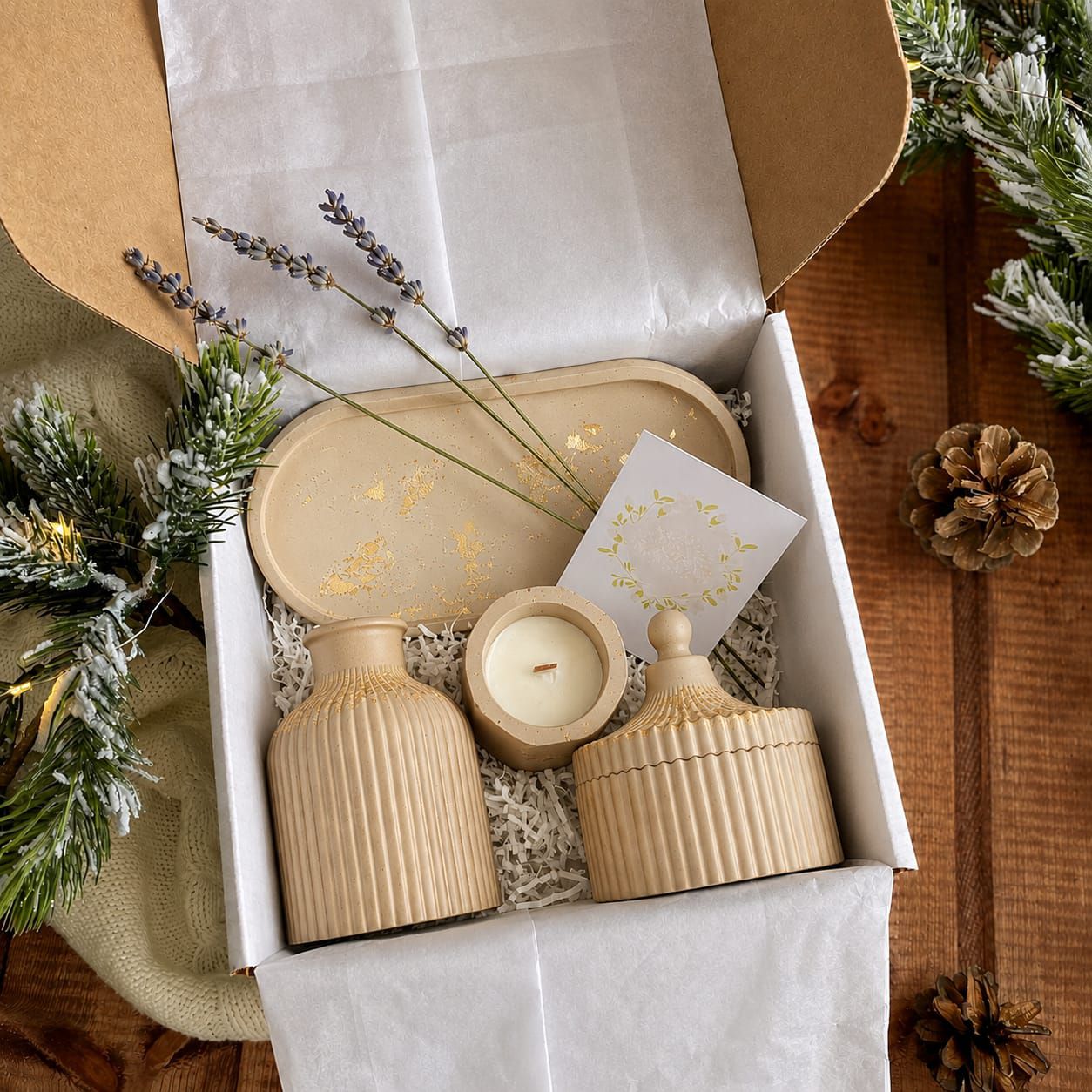 3 Pcs Set of Home Decor  1x Ribbed Concrete Mini Flower Vase, 1x Ribbed Concrete Trinket Jewellery Storage Box & 1x Oval Shaped Concrete Trinket Tray  Storage & Organisation  Decorative Accents  Jewellery Armoires & Boxes  Gift Sets