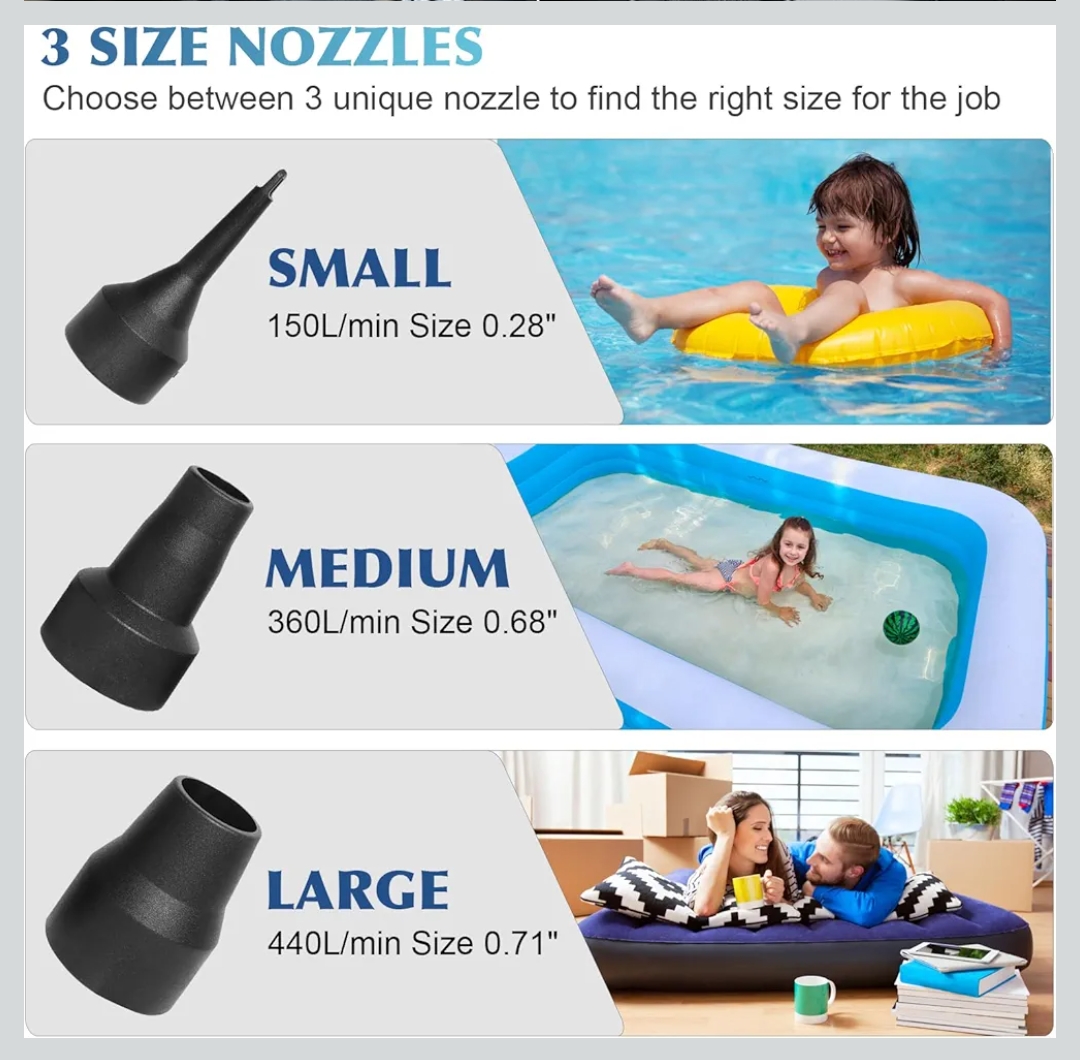 Electric Air Pump - 110V AC/12V DC Portable Inflator With 3 Nozzles For Mattress, Pool Floats, Camping Gear - View #9