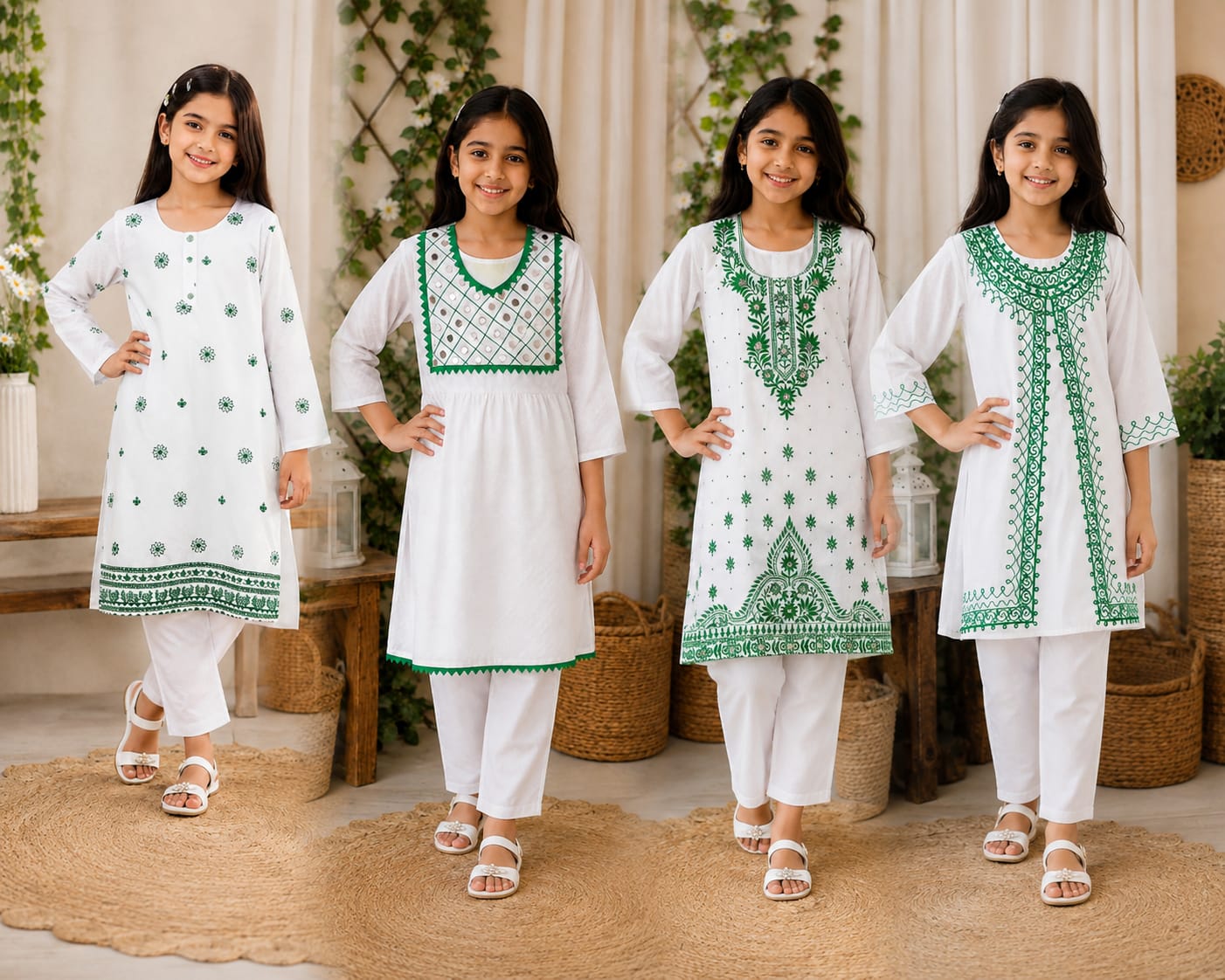 14 August Premium Green & White Independence Day Cotton Dress Set for Girls (Sizes 24-34)