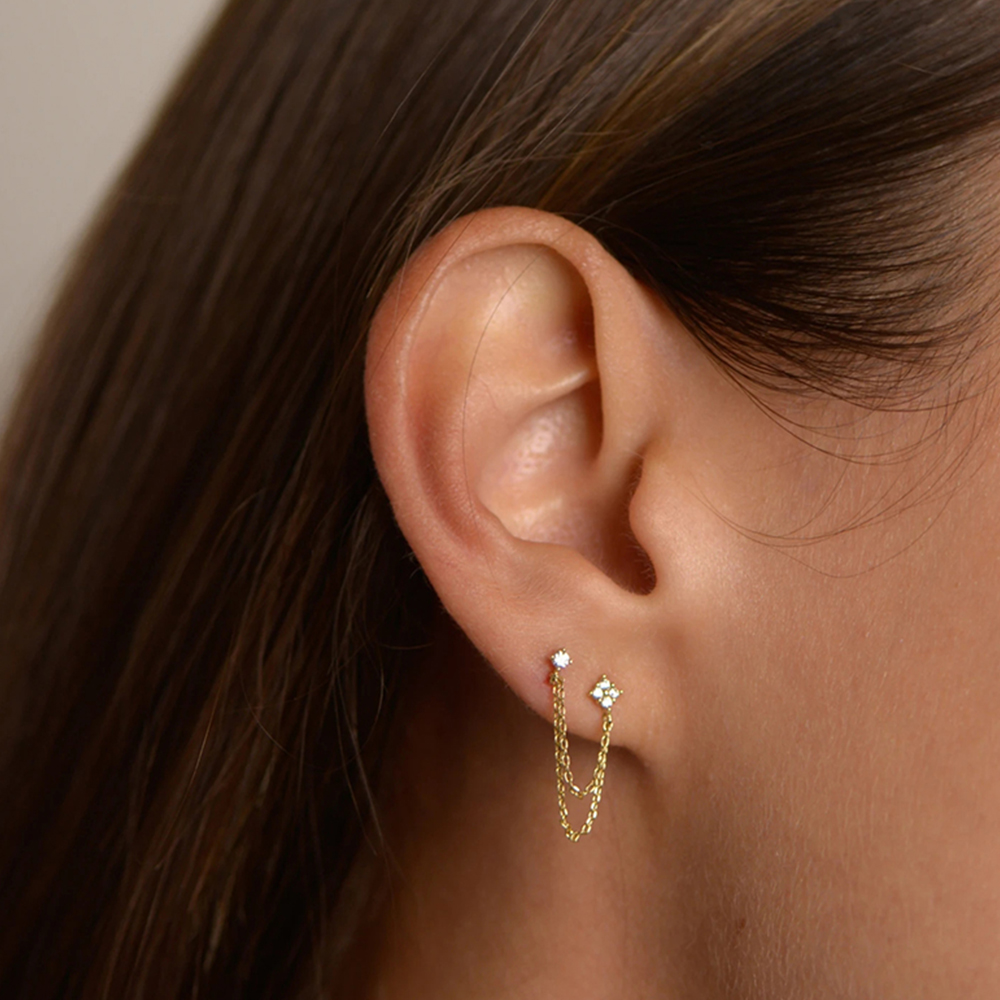 Huitan  Double Ear Studs Tassel Chains Hanging Earrings for Women Ear Piercing 3 Metal Color Luxury CZ Hot Jewelry