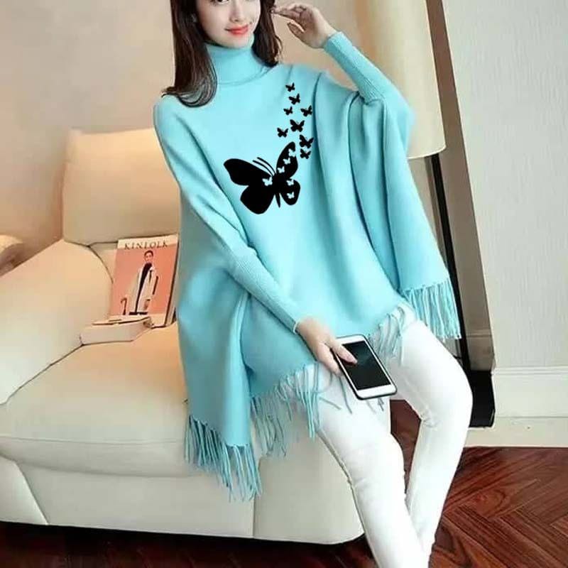 Butterfly Printed Bat Wing Style Winter Poncho For Women