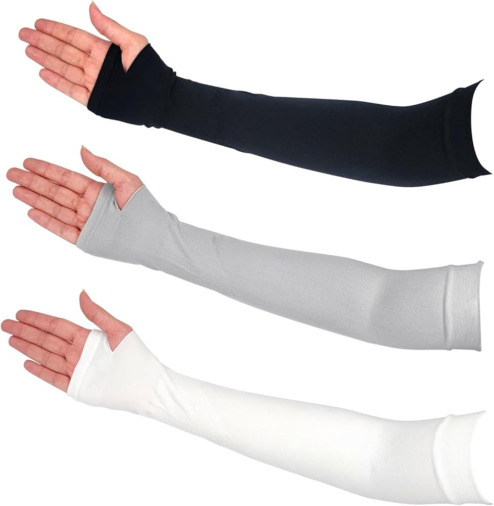 pack of 3 Pairs Comfortable Arm Sleeves with Thumb Hole Protection Cooling Arm Sleeves in 3 Colours Compression Long for Women Men Summer Sun Cover for Sports Workout Cycling Driving Grey, black, White,