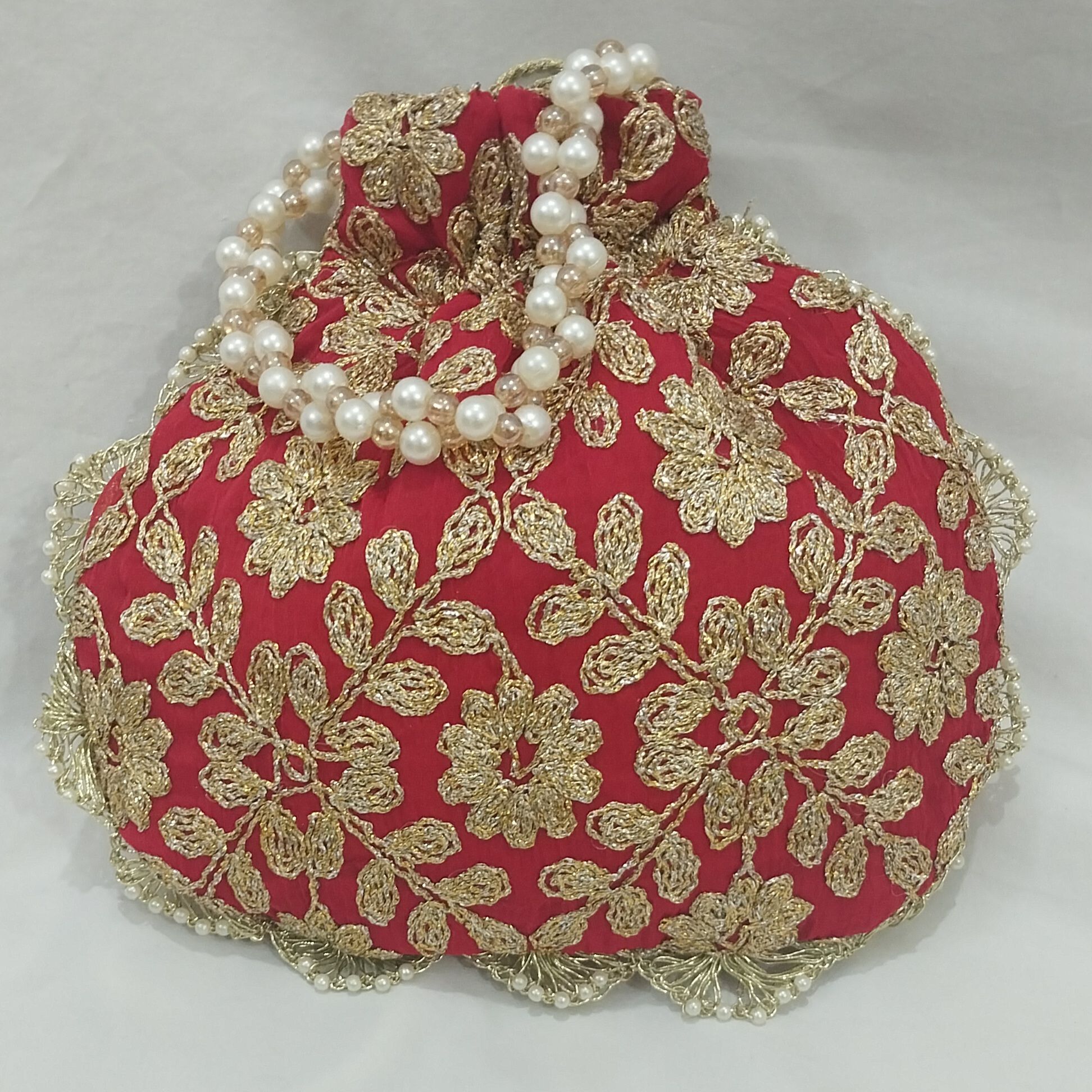Embroidered Potli Clutch Bag with Pearl Handle for Party Wear