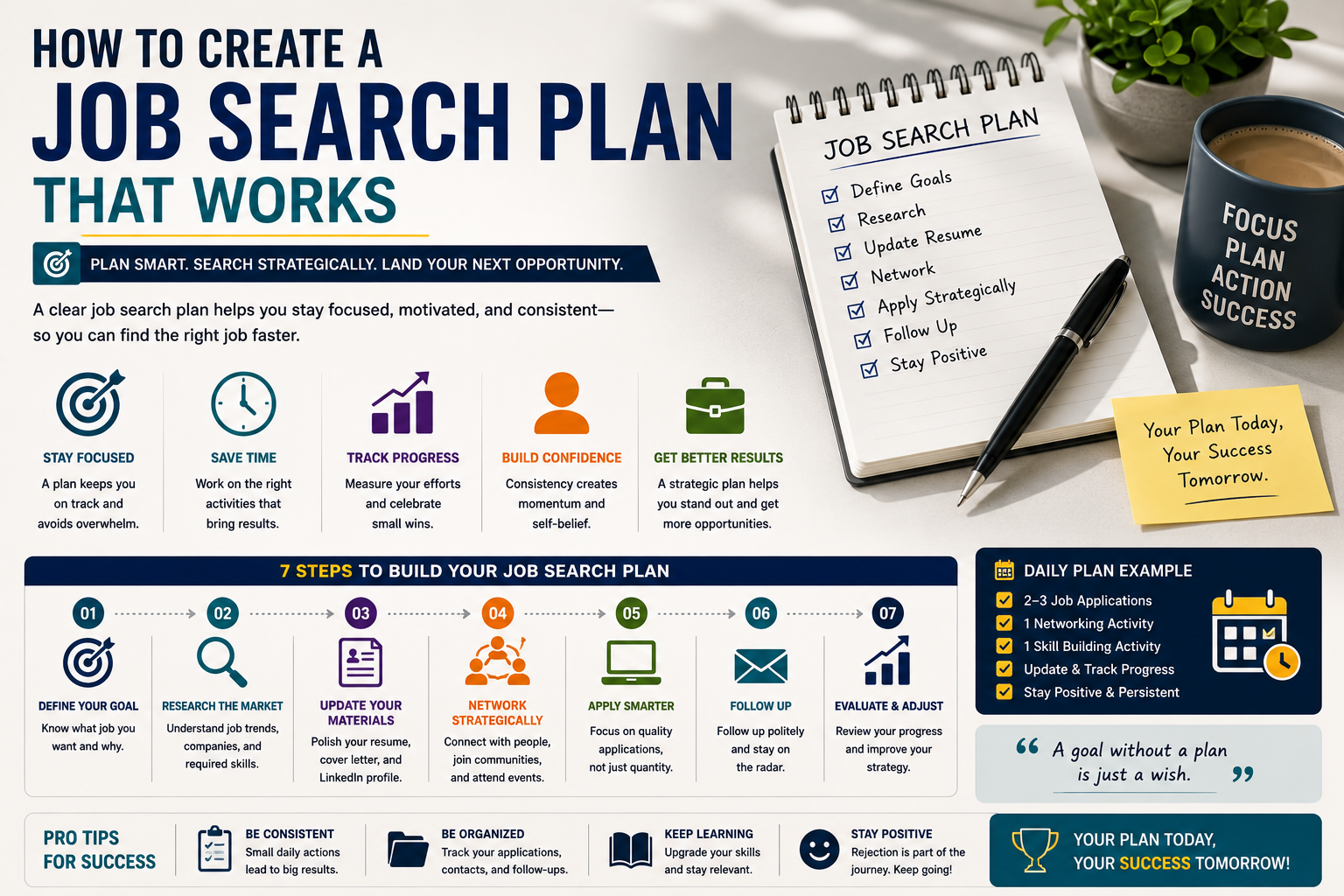 Job search plan minimalist guide – 7 steps: define goal, research market, update materials, network, apply smarter, follow up, evaluate. Daily plan example and pro tips for consistency and positivity.