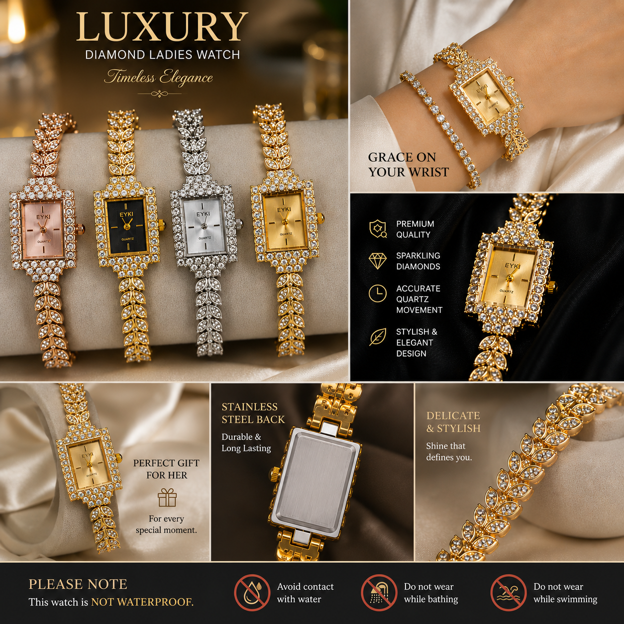 EYKI Elegant Square Crystal Diamond Watch for Women - Luxury Bracelet Ladies Wristwatch Fancy Bracelet Dress Watch for Ladies