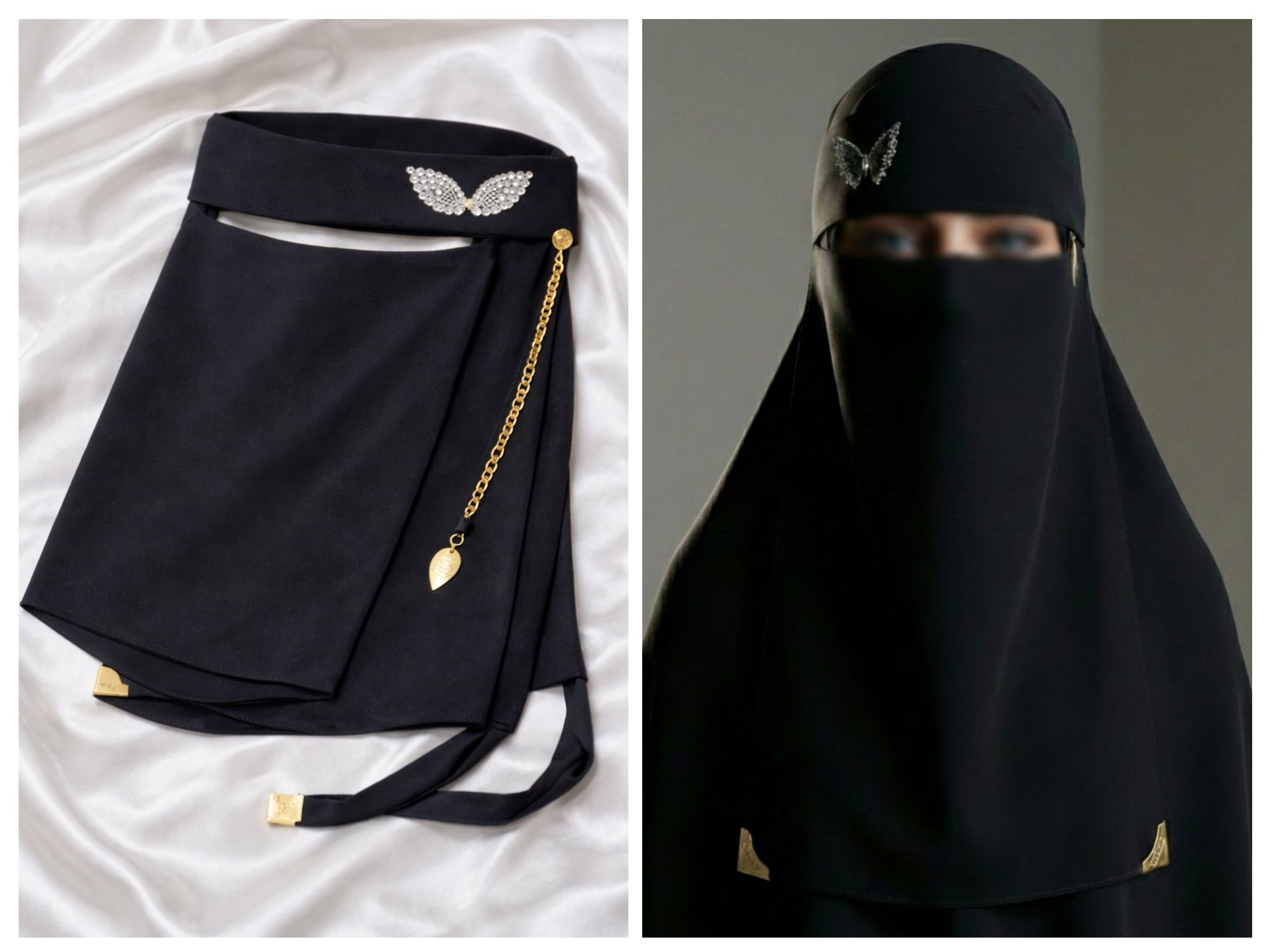 Black Niqab with Rhinestone Butterfly | fancy naqab | hijab | Premium full coverage hijab| clipped naqab