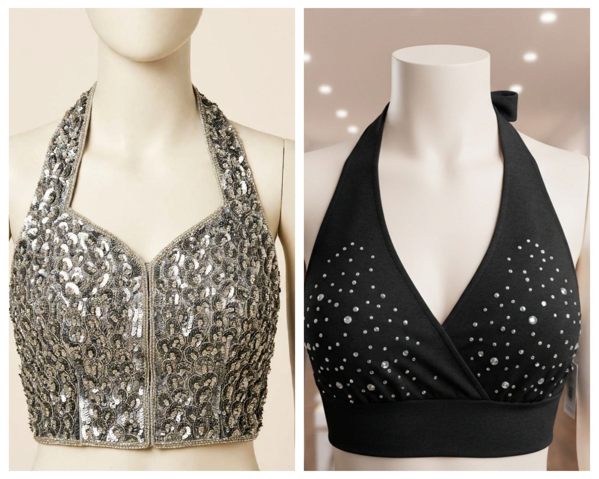 Women Halter Neck Sequin Blouse & Rhinestone Crop Top - 2 Design Party Wear Saree Blouse - Silver Glitter Top & Black Bra Top S-M