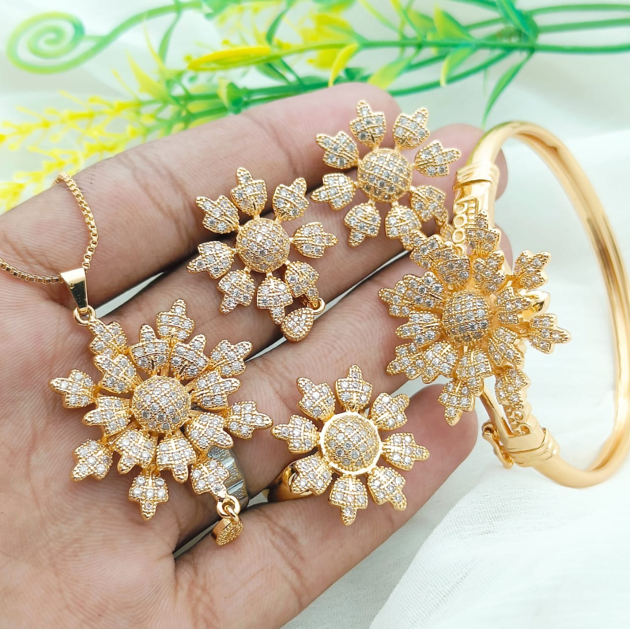 5 Pcs Combo Set Golden  Flower Design Locket Chain Earring Adjustable Ring And Openable Bangle  For Women Jewellery