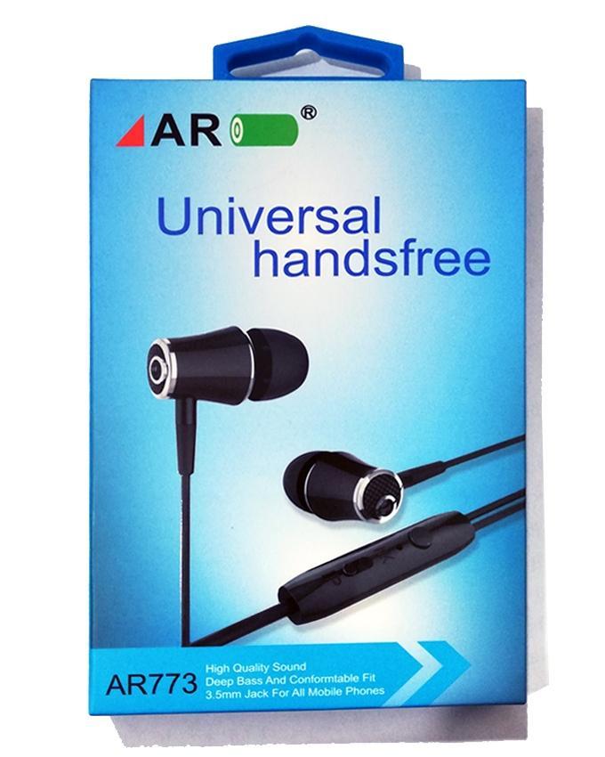 AR AR773 Universal Handsfree Earphones – Deep Bass Stereo Sound
High-Quality Wired In-Ear Earbuds with Comfortable Fit & Inline Microphone
3.5mm Audio Jack Handsfree for Mobile Phones, Music, Calls & 