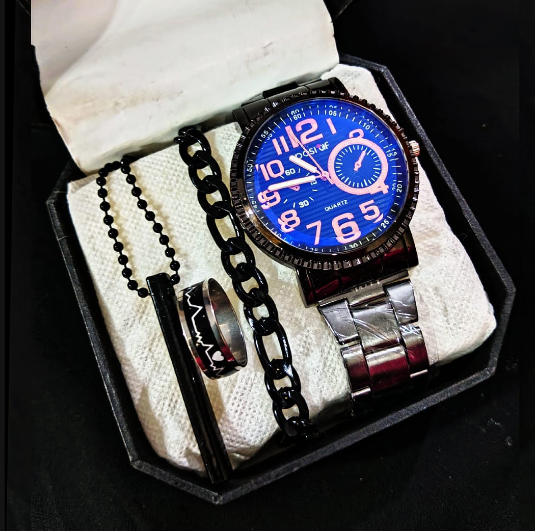 Elegant Men Business Watch Set with Black Dial, Stainless Steel Bracelet, Elegant Design, Dail Design, High-Quality Quartz Movement - 4 Pieces