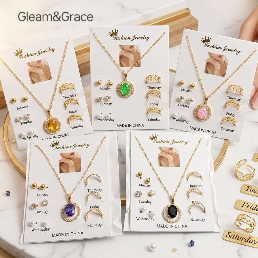 Pack of 7 Jewellery set 3 Rings with adjustable sizes - 1 Necklace / Pendant & 3 Stud Earrings (Random color) 6-Day Gold-Tone Fashion Jewelry Set with Necklace, Stud Earrings, and Rings