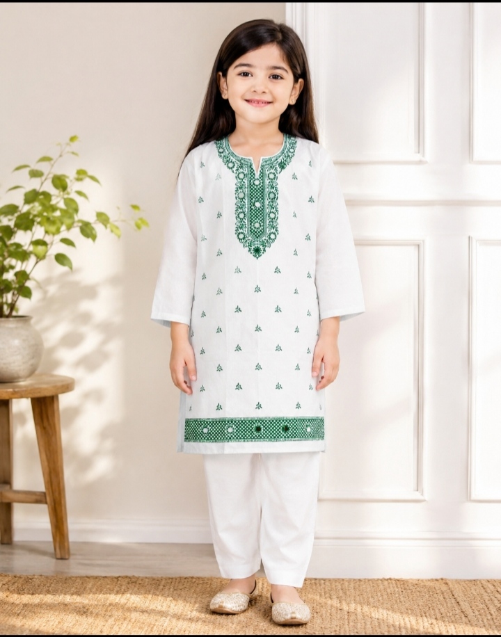Girls 2 Piece Lawn Suit – Screen Print with Mirror Work