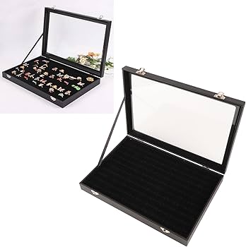 90 Slots Ring Organizer Display Case,Jewelry Storage Tray Boxes for Multiple Rings,Glass Lid,