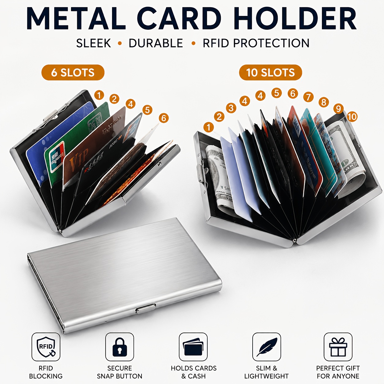 RFID Credit Card Holder, Metal Credit Card Wallet with 6 or 10 Slots Blocking Protector for Men and Women's Safety Purse
