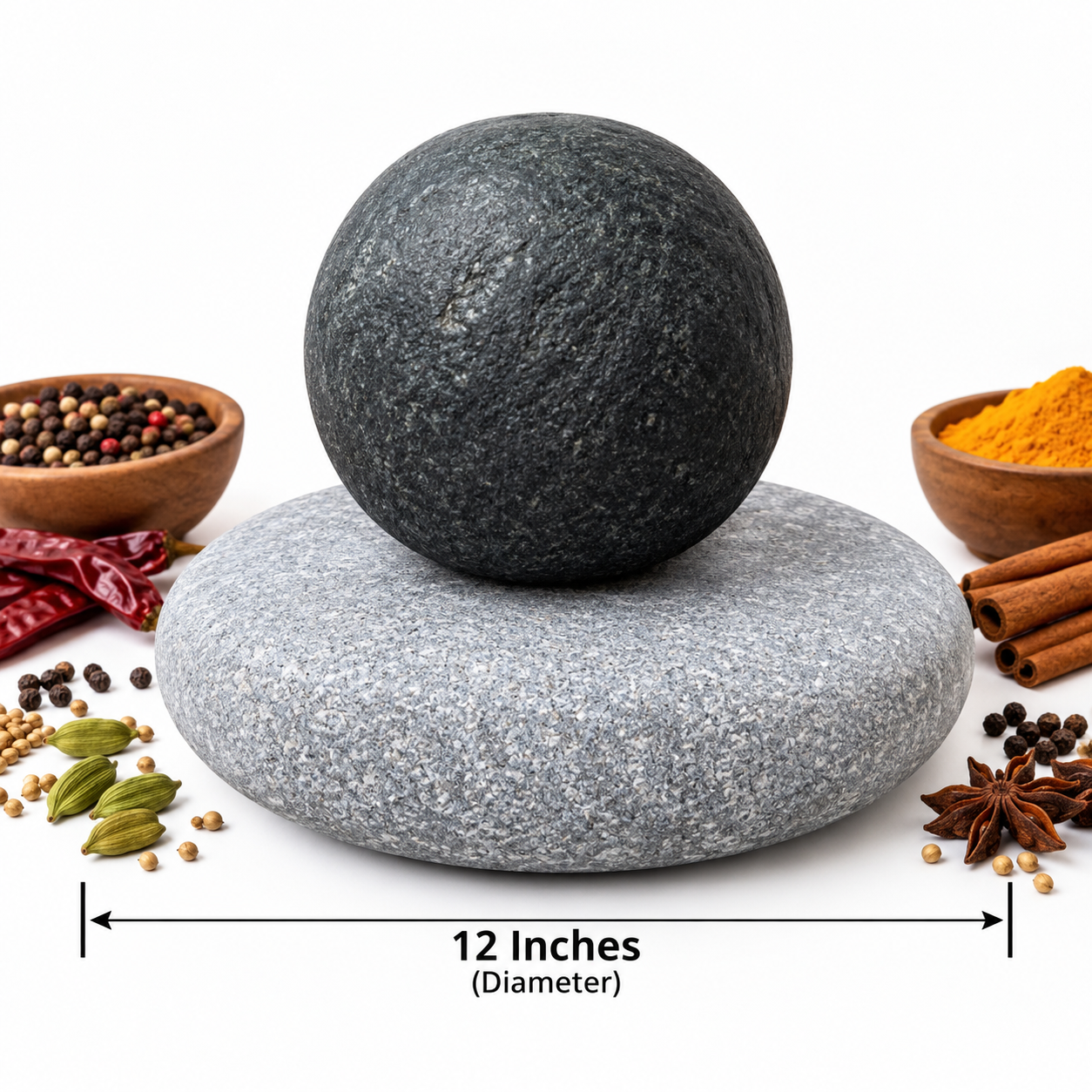 12 Inch Natural River Stone Masala Grinding Stone Set | Traditional Stone Grinder for Spices, Herbs & Chutney | Heavy Duty Flat Grinding Stone with Round Hand Grinder | Kitchen Masala Peesne Ka Pathar