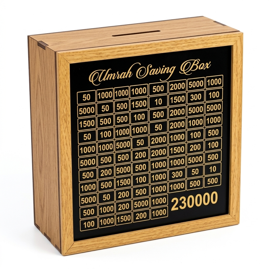 Umrah Saving Box – 230,000 PKR Goal Wooden Money Box with Daily Savings Chart for Hajj & Umrah Planning