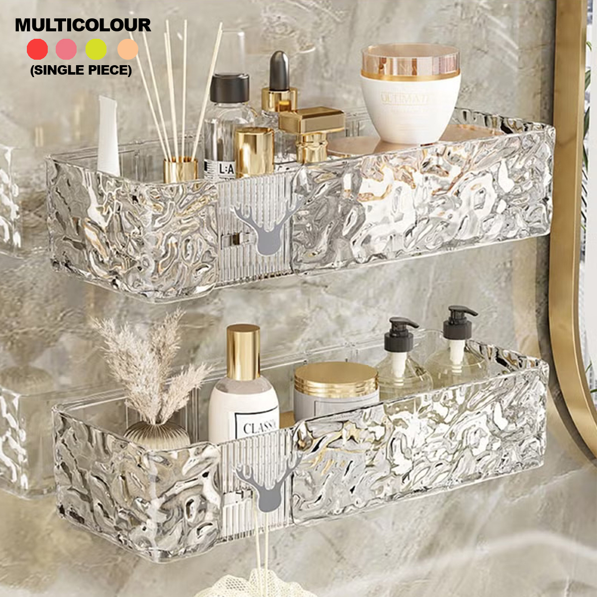 Acrylic Wall Mount Organizer Adhesive Shelf Bathroom Shelves for Wall Organizer Shower Multipurpose Shelf and Shampoo Holder Caddies No Drilling Hang Wall for Bathroom Kitchen Living Room