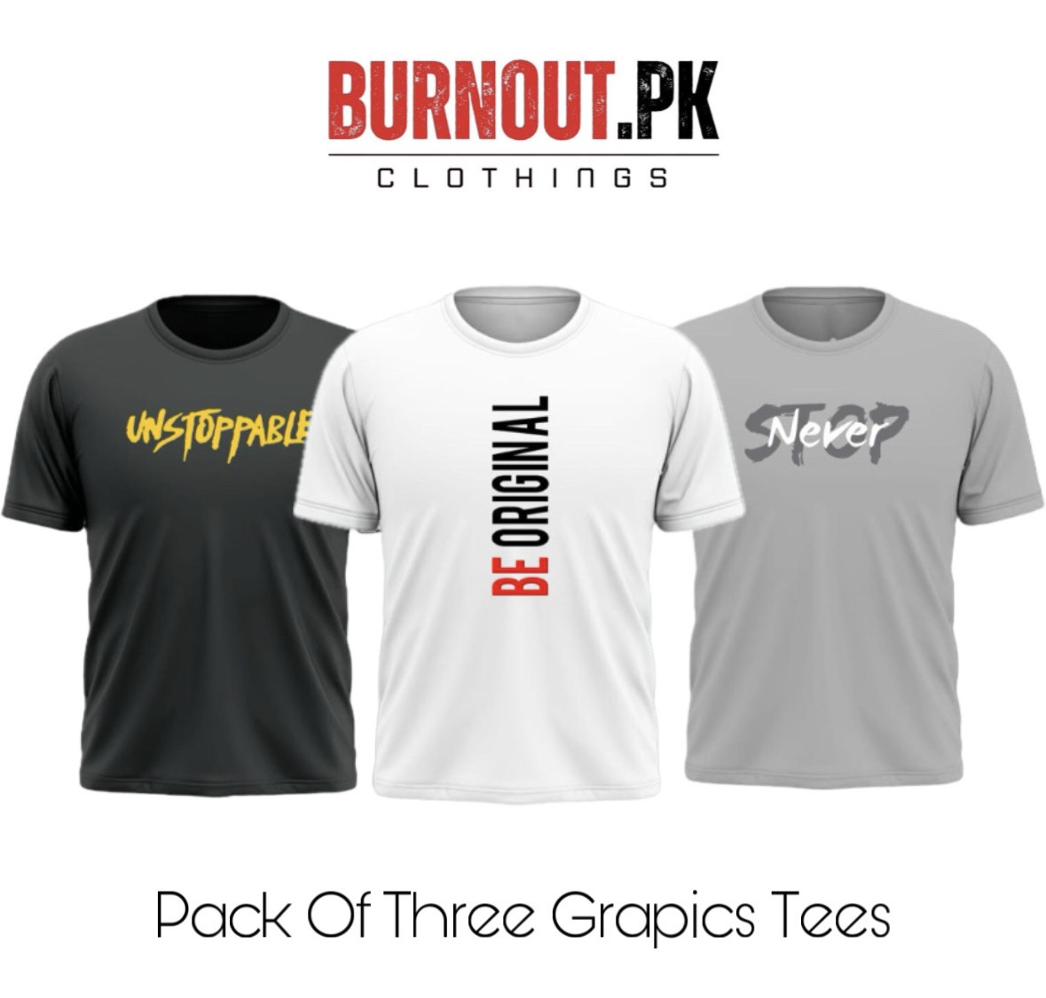 BURNOUT.PK NEW TRENDY SUMMER COLLECTION PACK OF 3 PRINTED TSHIRTS FOR MENS AND WOMENS