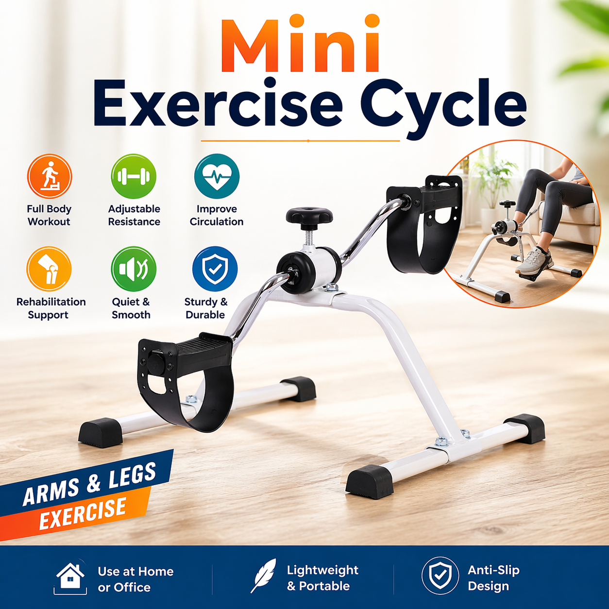 Mini Exercise Bike Pedal Exerciser for Home Gym Fitness, Portable Under Desk Cycle Machine for Legs & Arms Workout, Adjustable Resistance Foot Pedal Trainer for Physiotherapy Rehabilitation & Indoor Cardio Equipment