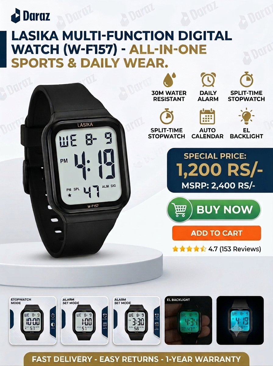 Lasika W-F157 Digital Sports Watch for Men & Boys - Waterproof Square Dial Rubber Strap LED Chronograph Wrist Watch