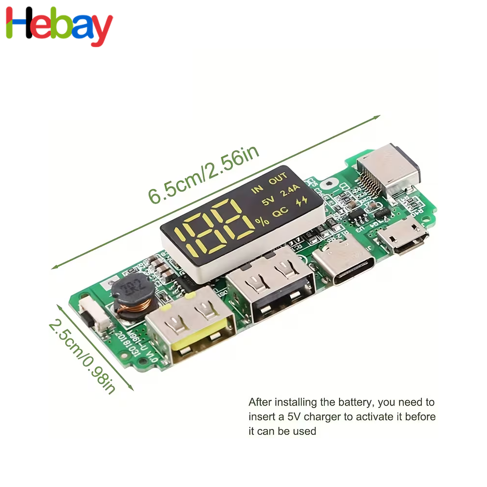 DIY Power Bank PCB Module 5V 2.4A Fast Charging Board with LED Battery Display, USB-A, Type-C, Micro USB & Lightning Input for 18650 Lithium Battery |