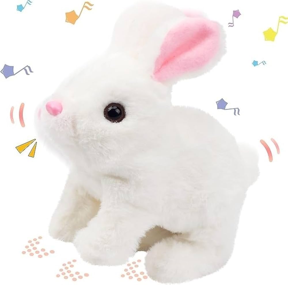 Electric Rabbit Figurine Plush Toy with Sound Bunny Doll for Bedtime Friend Hopping Walking Bunny Toy with Sounds, Jumping Rabbit Wiggling Ears, Twitching Mouth and Nose, Educational Interactive Bunny Rabbit Toy for Baby Kids