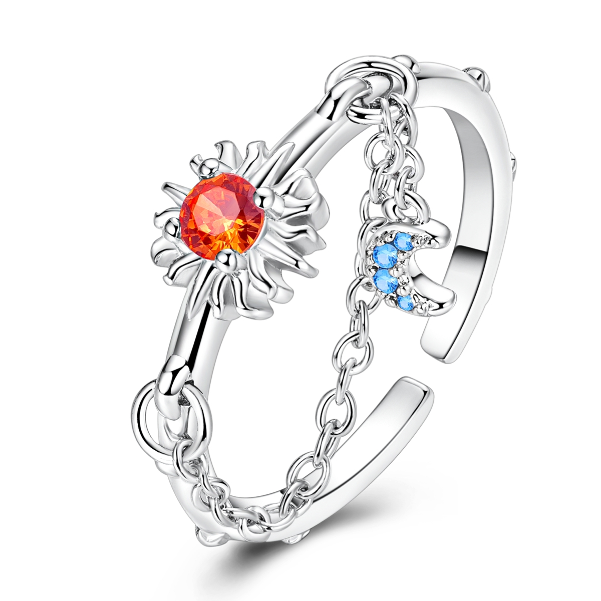 925 Sterling Silver Sun Moon Star Chain Open Ring for Women Orange Blue CZ Inlaid Vintage Tassel Celestial Fine Jewelry 