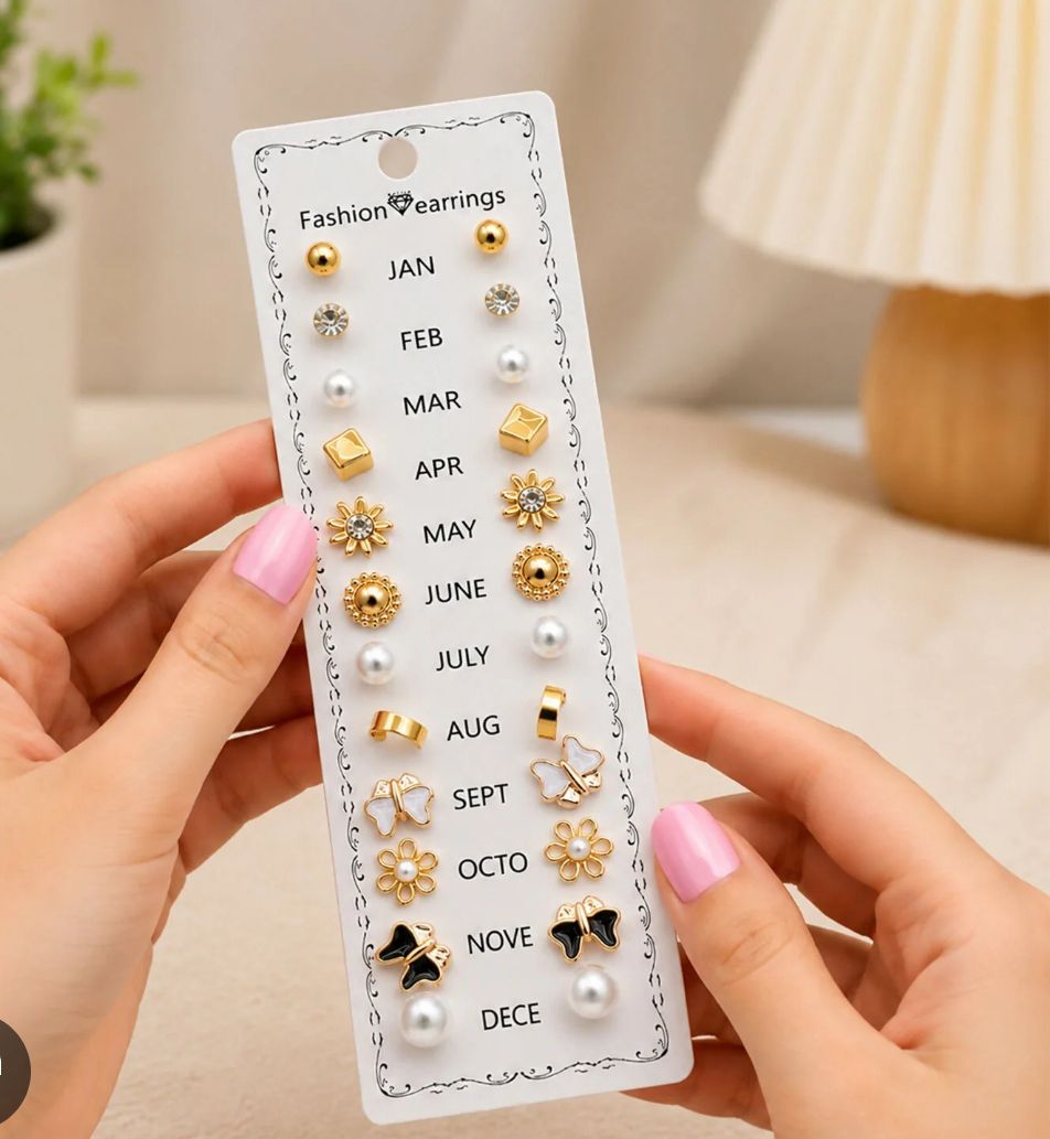 12 Pairs Gold & Pearl Birthstone Stud Earrings Set for Women & Girls – Daily Wear Calendar Earrings Pack
