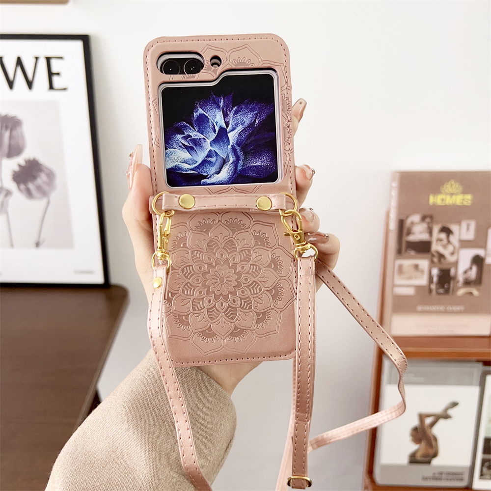 Crossbody Lanyard Flower Mandala Shockproof Phone Case for   Z Flip 7 6 5 4 3 Flip7 FE Flip6 Flip5 5G Leather Cover