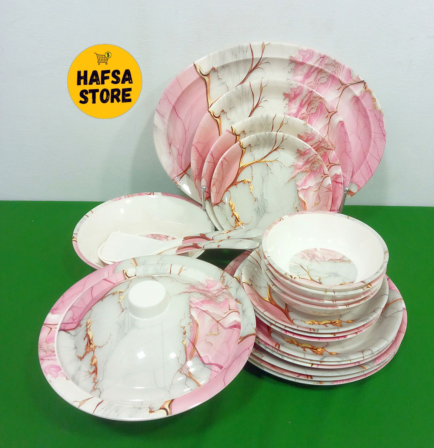 New Stylish Pack Of 24Pcs Dinner Set Melamine Double Glaze High Quality Dinnerware Dining Sets 4PERSON Serving With Beautiful Pink Marble Design Plates And Bowl Set Daraz.pk