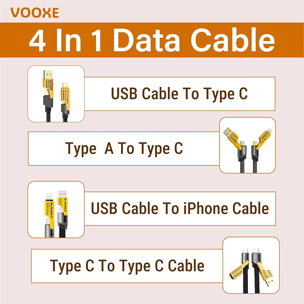 4 in1 65w and 27w Fast Charging Data Cable Nylon Braided Magnetic A Port To Type C-Cable To USB,USB To C Type USB A To Cable Laptops (Multipurpose)