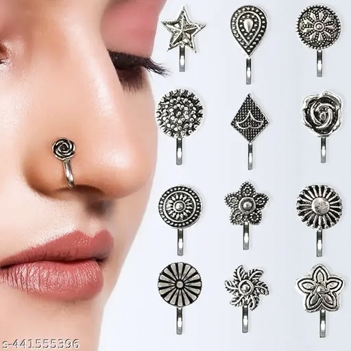 6 Pcs Oxidized Nose Pin For Piercing And Non Piercing Nose Ring Fake Nose Pin Magic Nose Stud Golden And Silver Color Long Koka Traditional Nose Jewelry For Women and Girls None Piercing Nose Ring