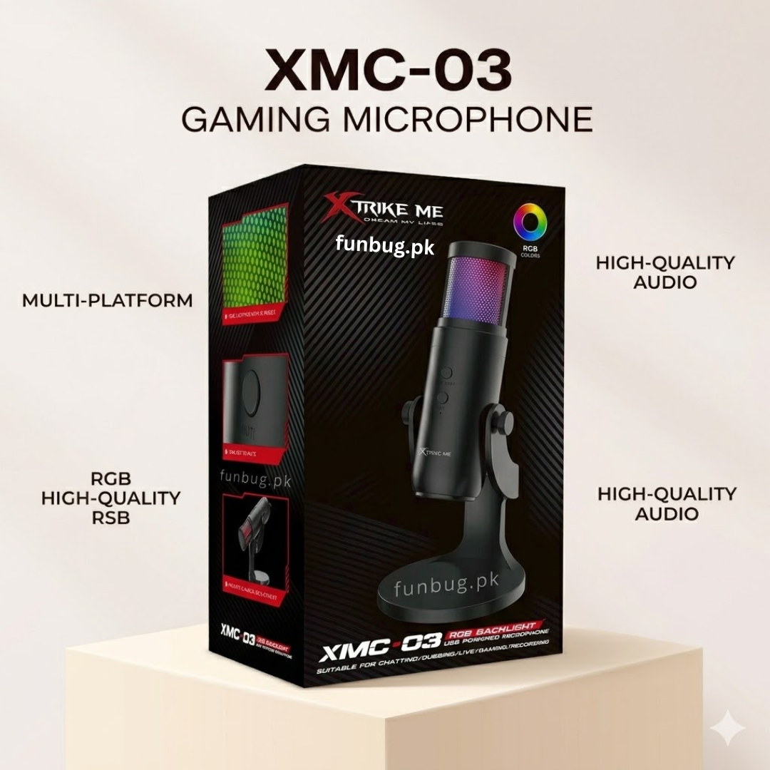 Xtrike-Me Professional Condenser Microphone for Studio Recording - USB Powered Omnidirectional Dynamic Gaming Mic for Mobile, PC, Desktop, Podcasting, Live Streaming, Singing, ASMR, Youtube - 12 RGB Lighting Modes - 360° Rotatable Body - XMC03 by FunBug